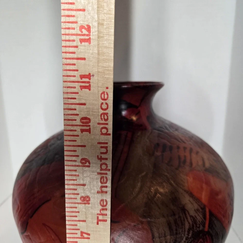Vtg MCM Unique Art Deco Ceramic Large Balloon Vase‎ Red Brown Floral Pattern
